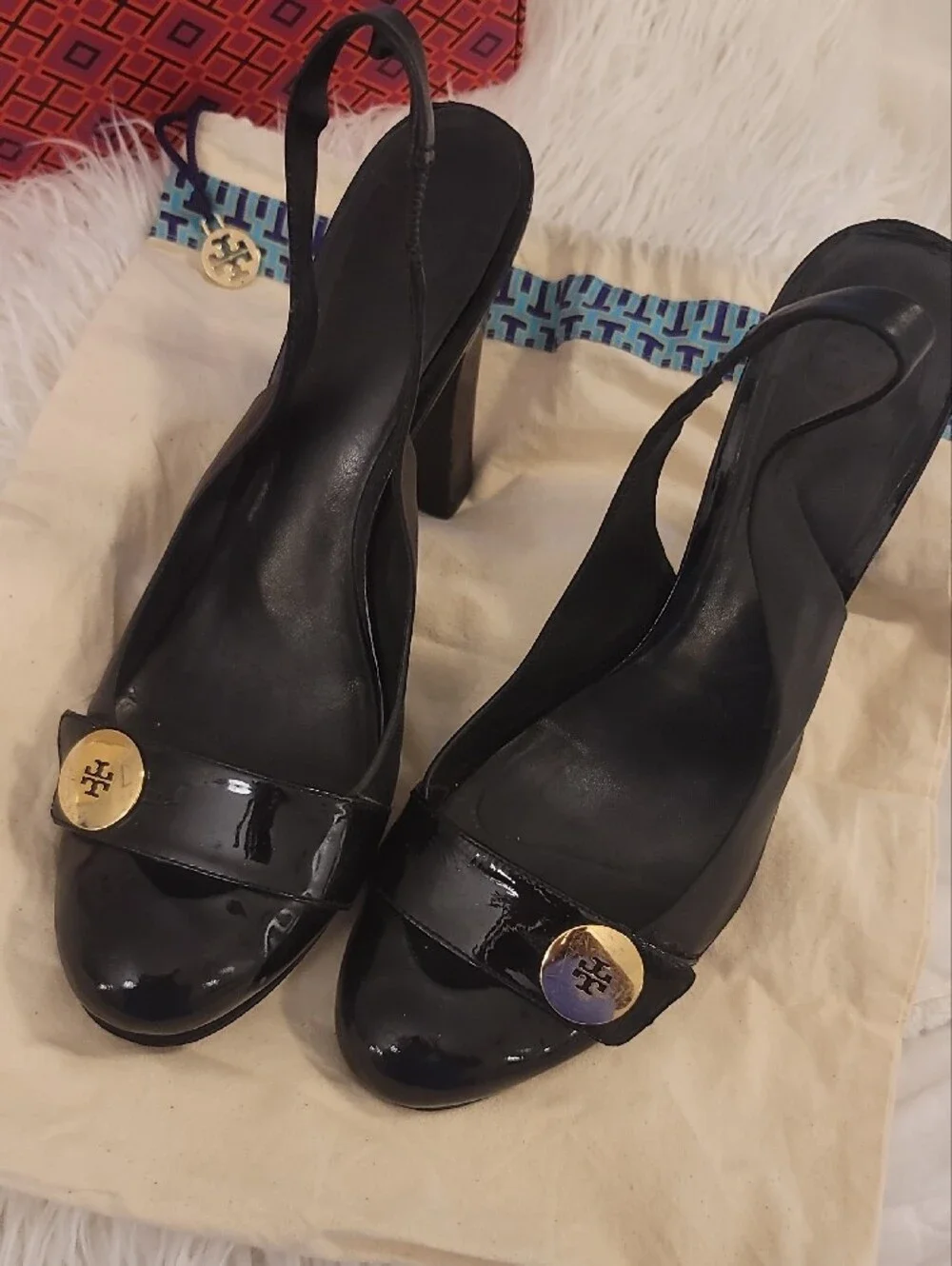 Tory Burch Black Patent Slingback Heels with Gold Logo Accents